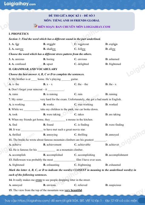 Đề thi giữa kì 1 Tiếng Anh 10 Friends Global - Đề số 3